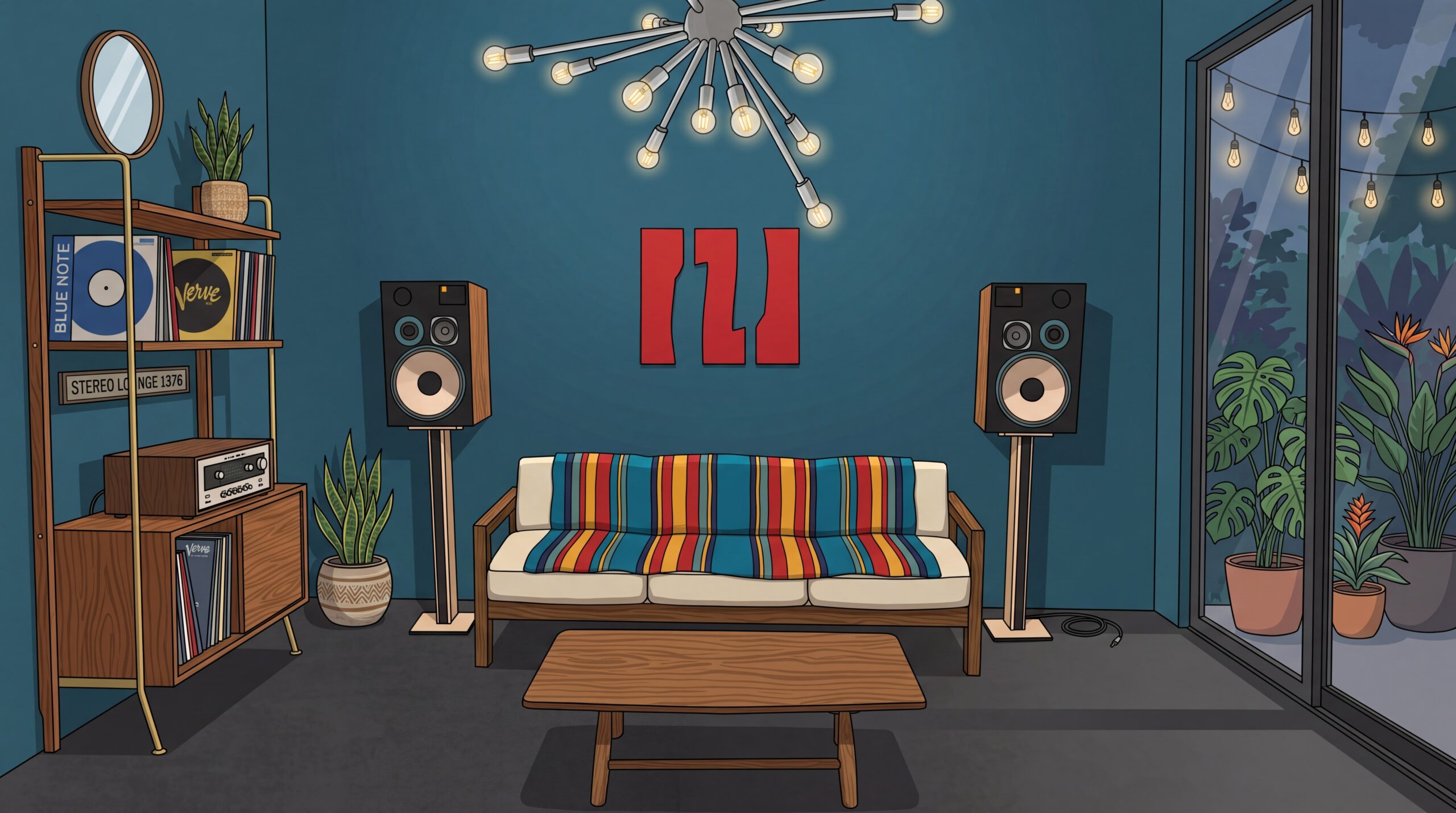 NAMS lobby with couch, records, speakers, and studio lights